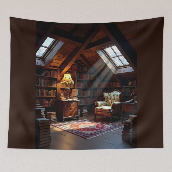 Item preview, A Cozy Book-filled Attic Room Bathed in The warm Glow  designed and sold by Wiss2Arts.