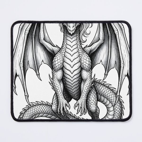 Item preview, Battle Guardian Dragon with Spiked Tail | Black & White Fantasy Engraving designed and sold by DragonSerpent Ink.