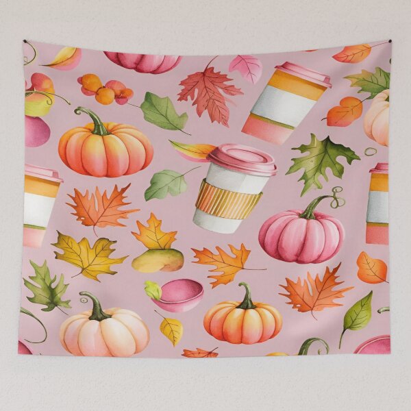 Item preview, A Whimsical Autumn Coffee Cup, Leaves, and Pumpkins Seamless Pattern on a Light Pink Background designed and sold by Matt_Smith.