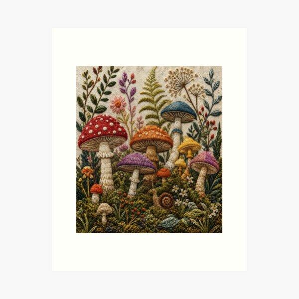 Item preview, Textured Embroidered Mushroom Forest Cottagecore Fungi designed and sold by teemix.
