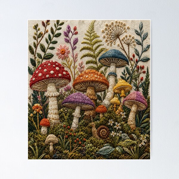 Item preview, Textured Embroidered Mushroom Forest Cottagecore Fungi designed and sold by teemix.