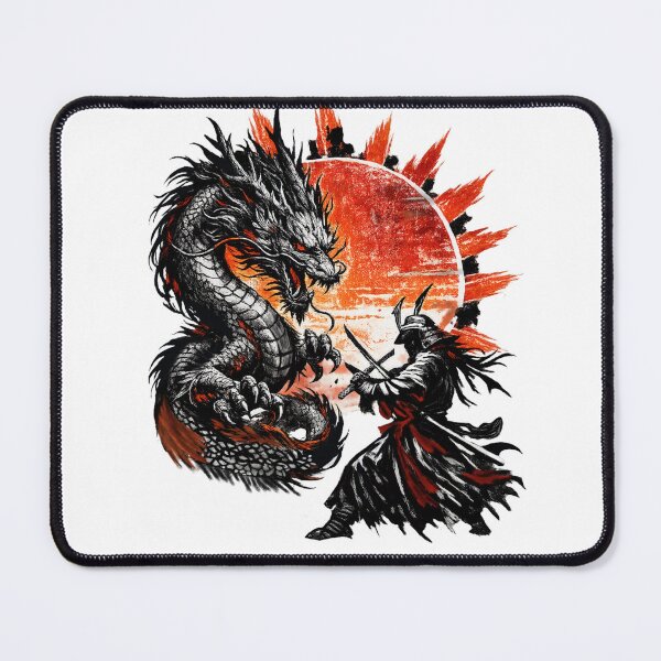 Item preview, Japanese Samurai Vs Dragon Red Sun Vintage Art designed and sold by SK ArtNest.