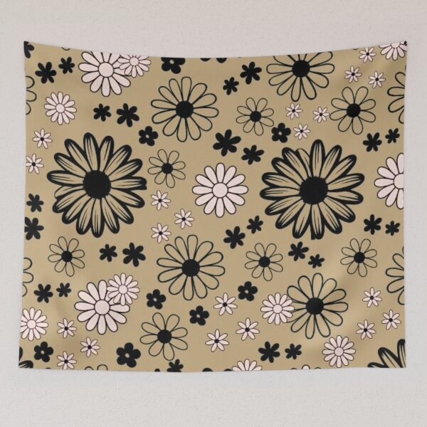 Item preview, Retro 70s Daisy Flower Seamless Pattern Beige and Black designed and sold by LYAN-STORE.