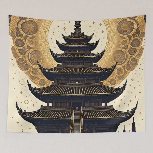 Item preview, Golden pagoda under a mandala-dreaming sky designed and sold by Mianku | Für das Leben.