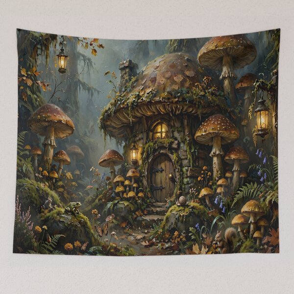 Item preview, Enchanted Mushroom Cottage Fantasy Forest Art designed and sold by cr6zym1nd.