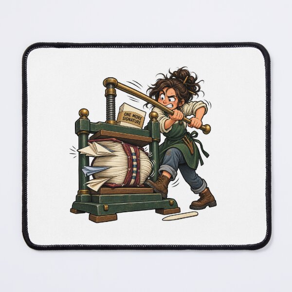 Item preview, Funny Bookbinder Book Press Cartoon – One More Signature Handmade Book Humor designed and sold by Concrete Coffee Studio.