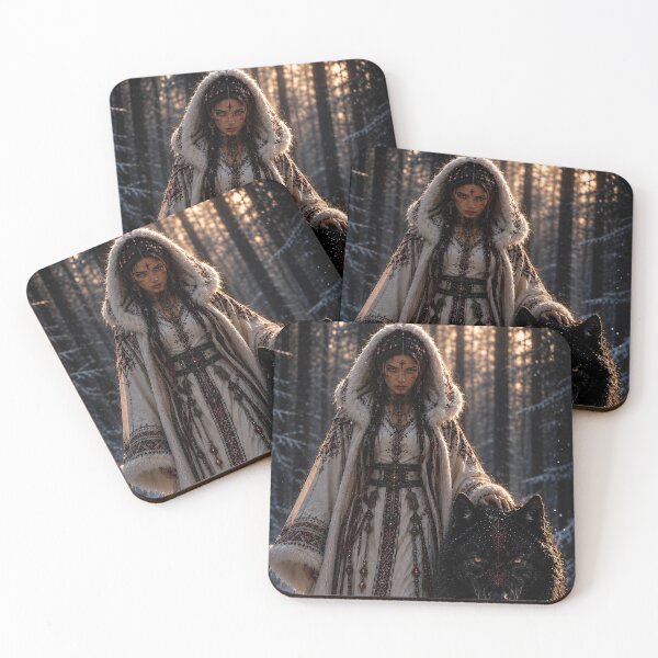 Item preview, Cyber Motanka Fantasy Woman with a Black Wolf in a Winter Forest designed and sold by Vaelia.