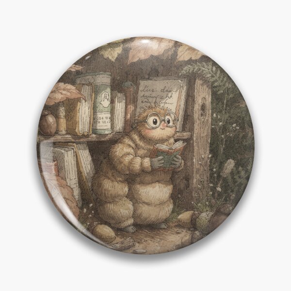 Item preview, Caterpillar Librarian Among Stacked Seed Pods Print designed and sold by PictorialWhimsy.