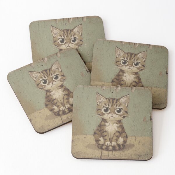 Item preview, Worried Tiny Kitten With Enormous Eyes Folk Art Print designed and sold by PictorialWhimsy.
