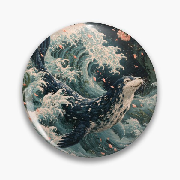 Item preview, Japanese Spotted Seal Great Wave Cherry Blossom Ukiyo-e Art designed and sold by GrinGalore.