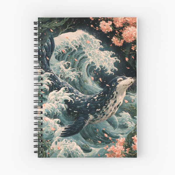 Item preview, Japanese Spotted Seal Great Wave Cherry Blossom Ukiyo-e Art designed and sold by GrinGalore.