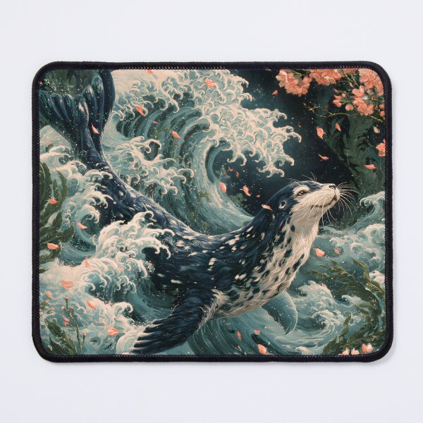 Item preview, Japanese Spotted Seal Great Wave Cherry Blossom Ukiyo-e Art designed and sold by GrinGalore.