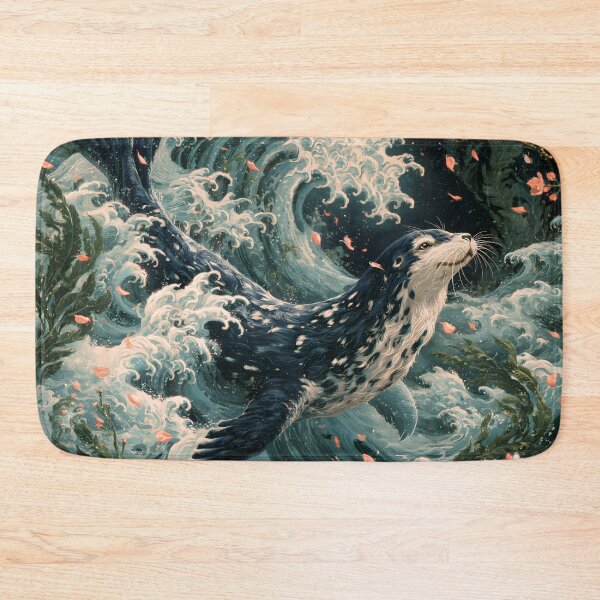 Item preview, Japanese Spotted Seal Great Wave Cherry Blossom Ukiyo-e Art designed and sold by GrinGalore.