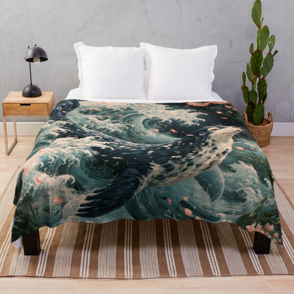 Item preview, Japanese Spotted Seal Great Wave Cherry Blossom Ukiyo-e Art designed and sold by GrinGalore.
