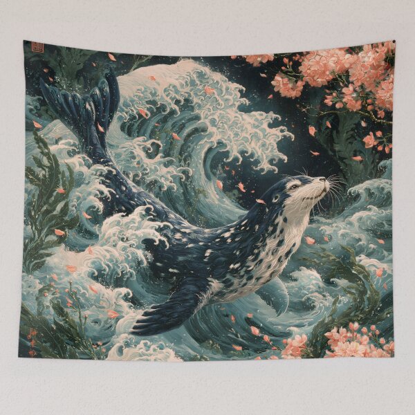 Item preview, Japanese Spotted Seal Great Wave Cherry Blossom Ukiyo-e Art designed and sold by GrinGalore.