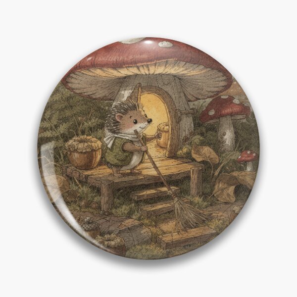 Item preview, Little Forest Folk Sweeping a Toadstool House Porch Print designed and sold by PictorialWhimsy.