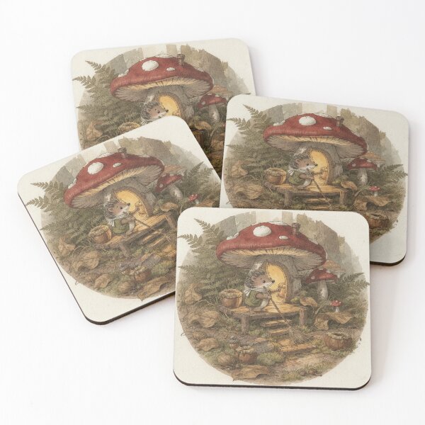 Item preview, Little Forest Folk Sweeping a Toadstool House Porch Print designed and sold by PictorialWhimsy.