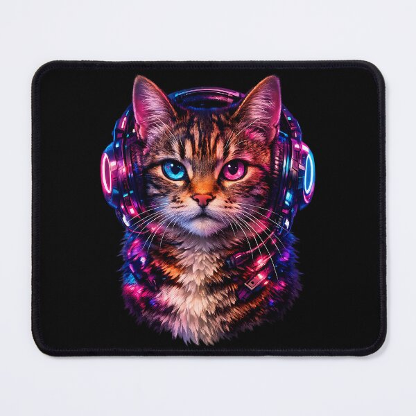 Item preview, Cyberpunk Synthwave Cat Listening To Music Headphones Art designed and sold by ZenRave Designs.