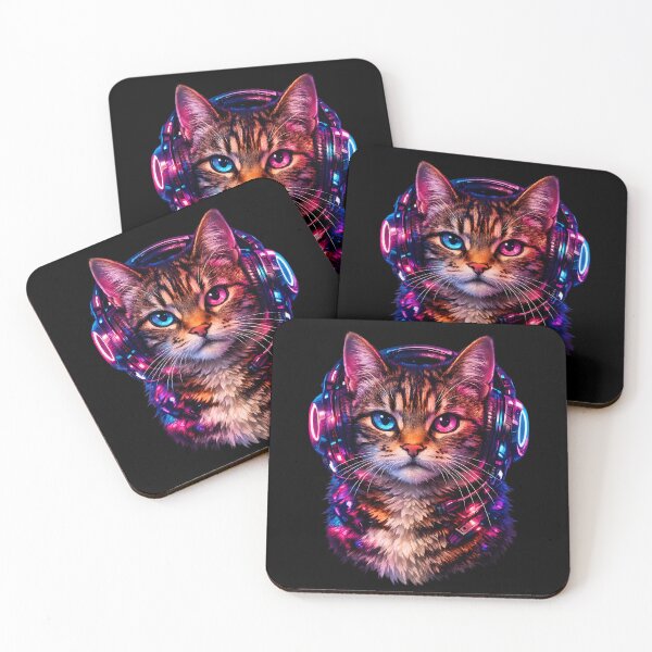 Item preview, Cyberpunk Synthwave Cat Listening To Music Headphones Art designed and sold by  ZenRave Designs.