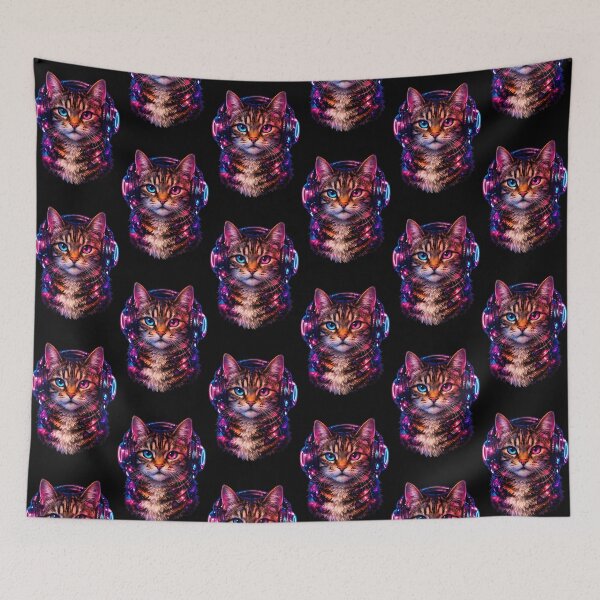 Item preview, Cyberpunk Synthwave Cat Listening To Music Headphones Art designed and sold by  ZenRave Designs.