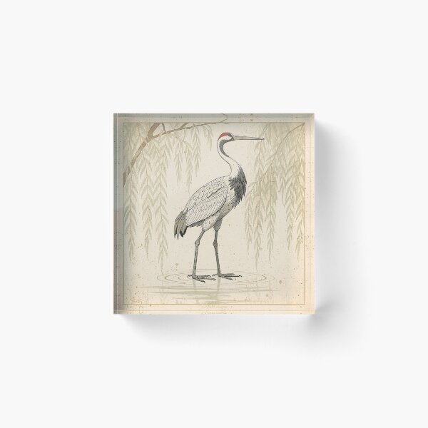 Item preview, Ink Crane Among Willow Branches Print designed and sold by PictorialWhimsy.