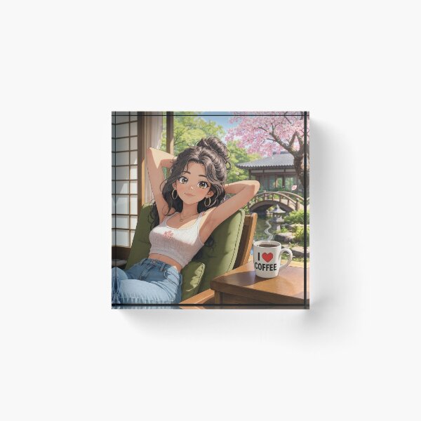 Item preview,  Cute anime manga girl reclining with a cup of coffee designed and sold by Vintage Designs +.