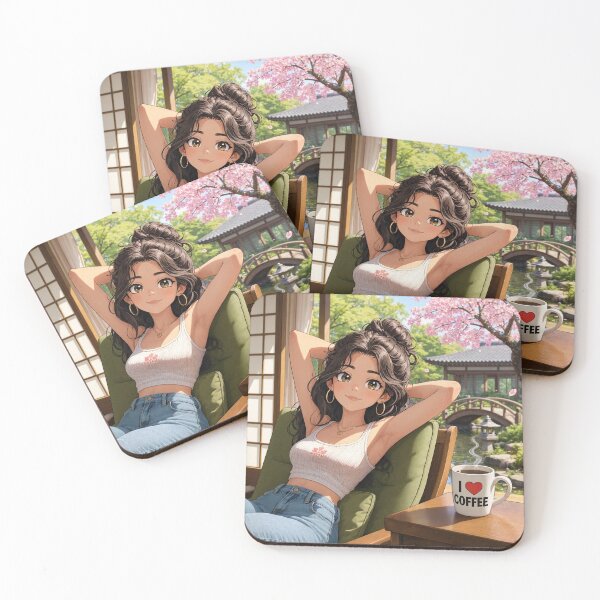 Item preview,  Cute anime manga girl reclining with a cup of coffee designed and sold by Vintage Designs +.
