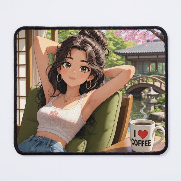 Item preview, Cute anime manga girl reclining with a cup of coffee designed and sold by Vintage Designs +.