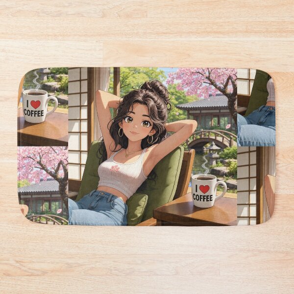 Item preview,  Cute anime manga girl reclining with a cup of coffee designed and sold by Vintage Designs +.