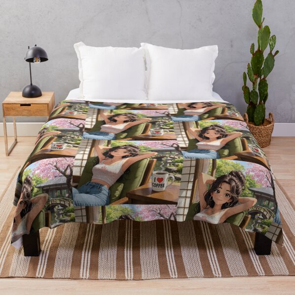 Item preview, Cute anime manga girl reclining with a cup of coffee designed and sold by Vintage Designs +.