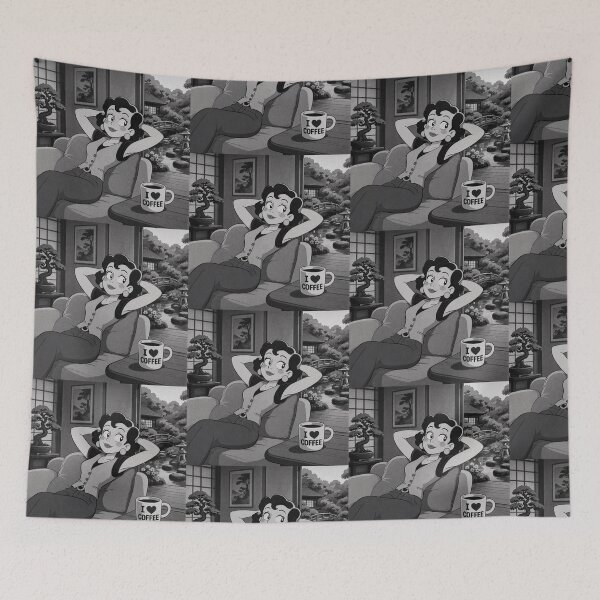 Item preview, Cute anime manga girl reclining with a cup of coffee designed and sold by Vintage Designs +.