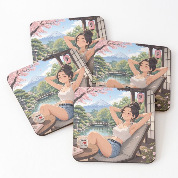 Item preview, Cute anime manga girl reclining with a cup of coffee designed and sold by Vintage Designs +.