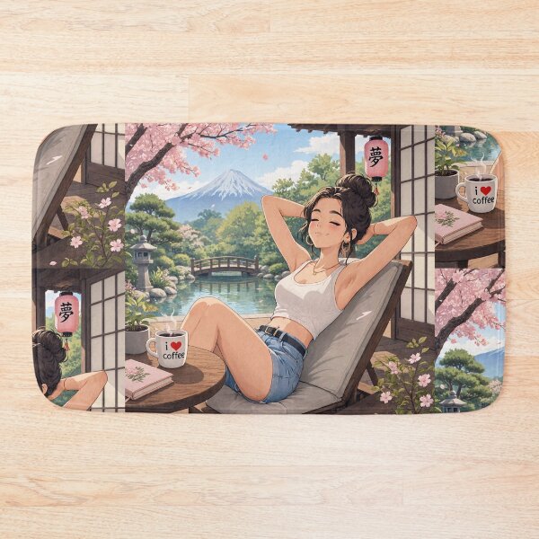 Item preview, Cute anime manga girl reclining with a cup of coffee designed and sold by Vintage Designs +.