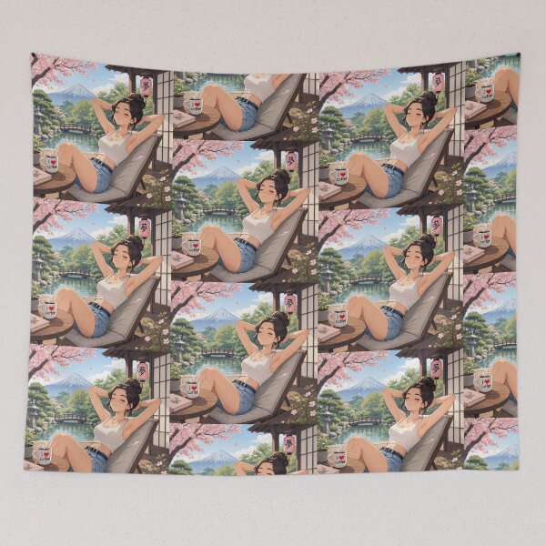 Item preview, Cute anime manga girl reclining with a cup of coffee designed and sold by Vintage Designs +.
