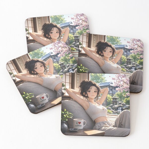 Item preview, Cute anime manga girl reclining with a cup of coffee designed and sold by Vintage Designs +.
