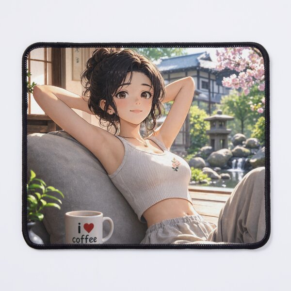 Item preview, Cute anime manga girl reclining with a cup of coffee designed and sold by Vintage Designs +.
