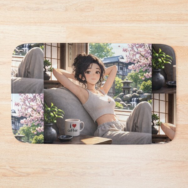 Item preview, Cute anime manga girl reclining with a cup of coffee designed and sold by Vintage Designs +.