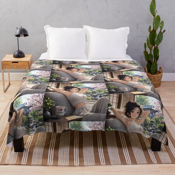 Item preview, Cute anime manga girl reclining with a cup of coffee designed and sold by Vintage Designs +.