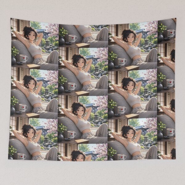 Item preview, Cute anime manga girl reclining with a cup of coffee designed and sold by Vintage Designs +.