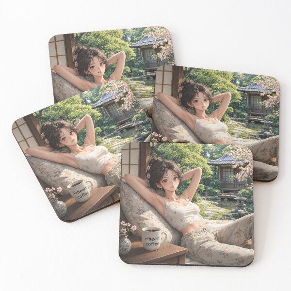 Item preview,  Cute anime manga girl reclining with a cup of coffee designed and sold by Vintage Designs +.