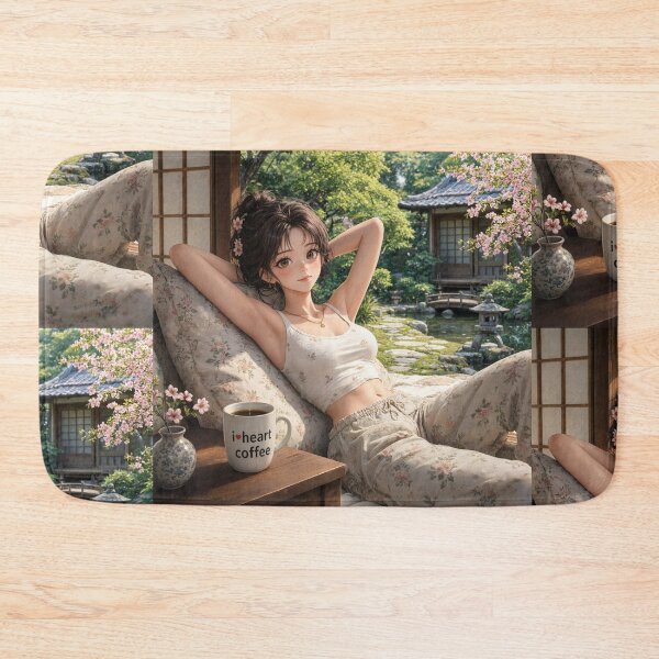 Item preview,  Cute anime manga girl reclining with a cup of coffee designed and sold by Vintage Designs +.