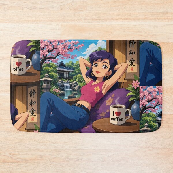 Item preview, Cute anime manga girl reclining with a cup of coffee designed and sold by Vintage Designs +.