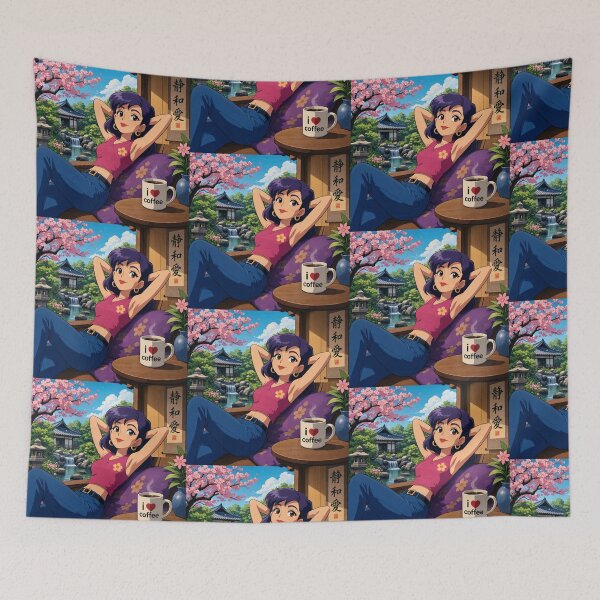 Item preview, Cute anime manga girl reclining with a cup of coffee designed and sold by Vintage Designs +.