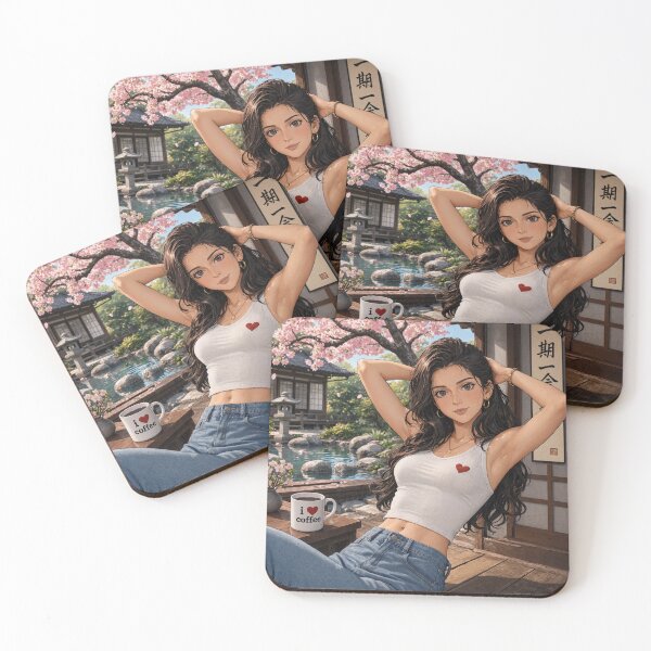 Item preview, Cute anime manga girl reclining with a cup of coffee designed and sold by Vintage Designs +.