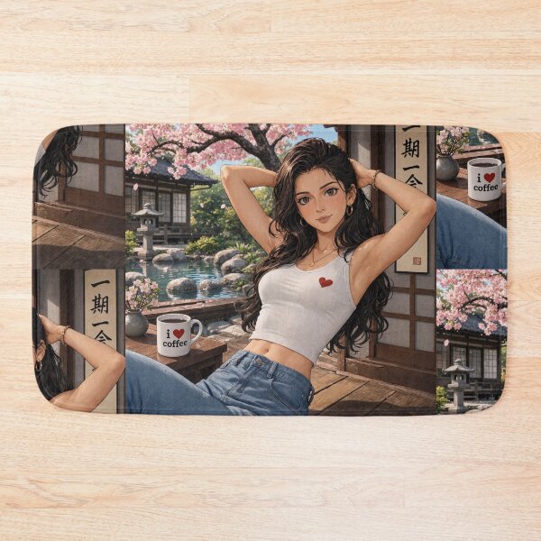 Item preview, Cute anime manga girl reclining with a cup of coffee designed and sold by Vintage Designs +.