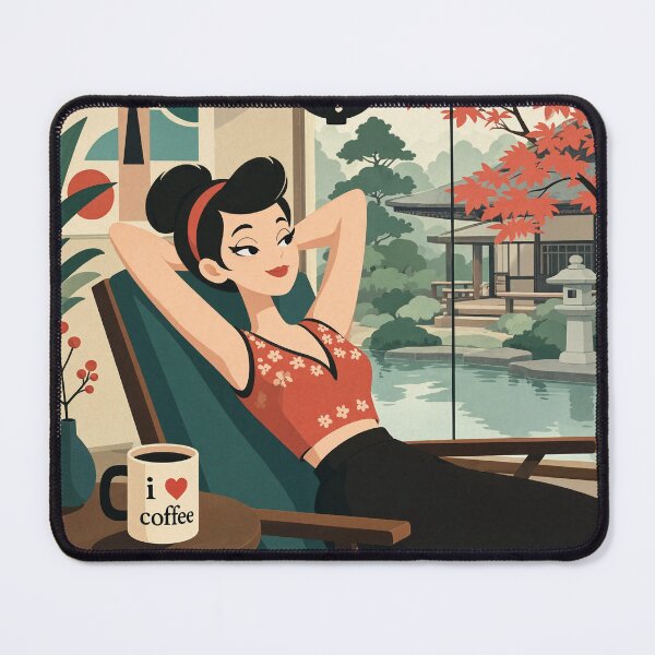 Item preview, Cute anime manga girl reclining with a cup of coffee designed and sold by Vintage Designs +.