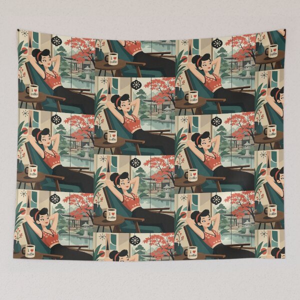 Item preview,  Cute anime manga girl reclining with a cup of coffee designed and sold by Vintage Designs +.