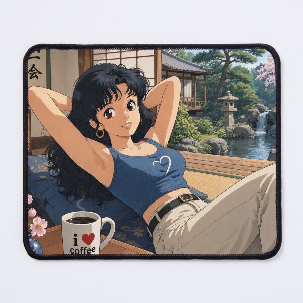 Item preview, Cute anime manga girl reclining with a cup of coffee designed and sold by Vintage Designs +.