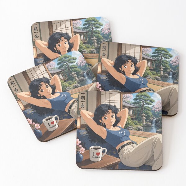 Item preview, Cute anime manga girl reclining with a cup of coffee designed and sold by Vintage Designs +.