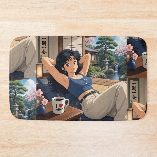 Item preview, Cute anime manga girl reclining with a cup of coffee designed and sold by Vintage Designs +.